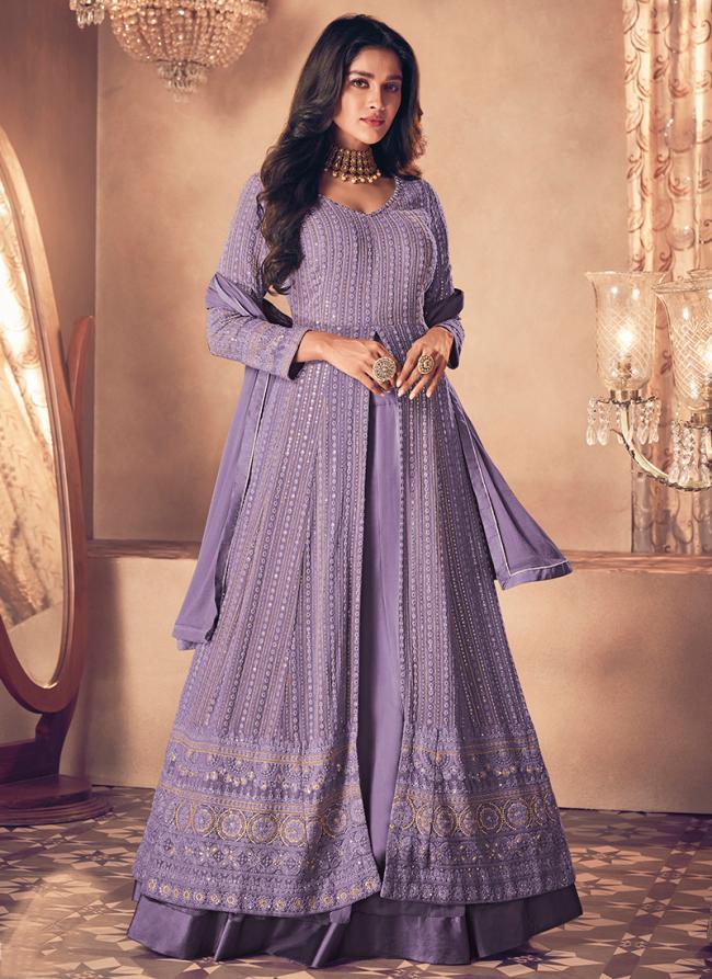 Georgette Lavender Party Wear Embroidery Work Readymade Salwar Suit